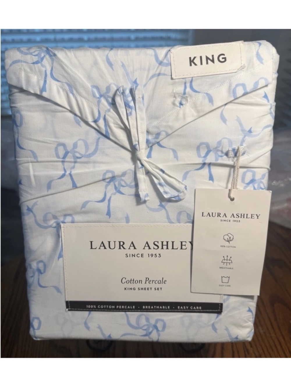 Laura Ashley King Blue Bow 100% Percale Cotton Sheet Set NWT Cottagecore